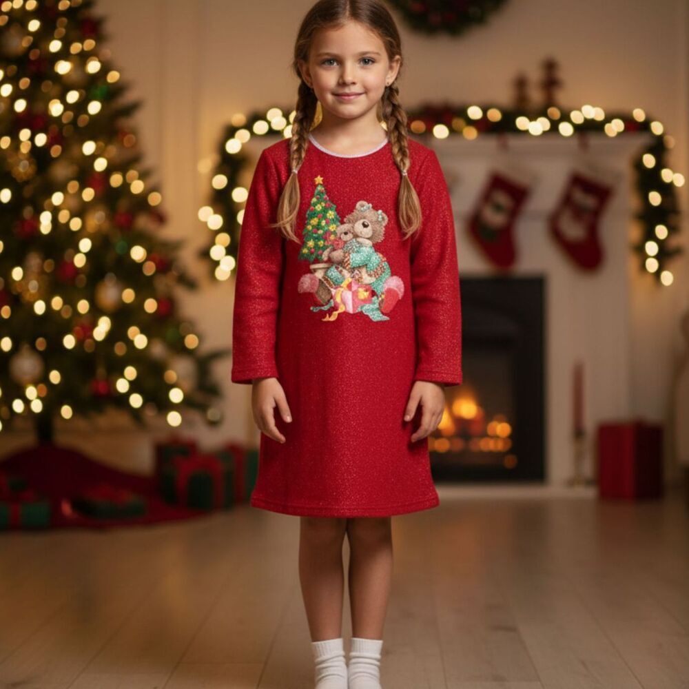 Vintage Christmas Nightgown Teddy Bear Fleece Red Sparkle Y2K Pjs Girls 10/12